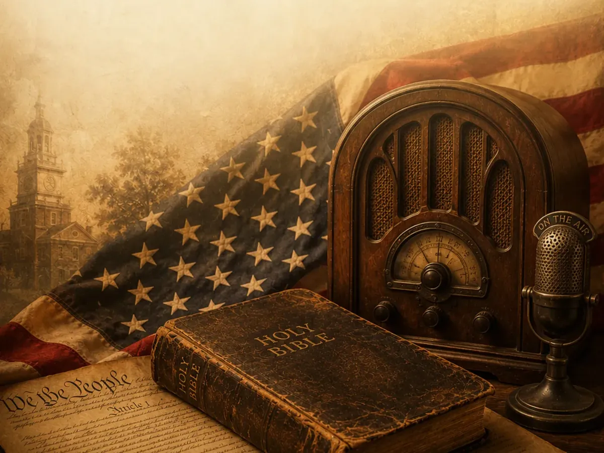A worn Holy Bible, a vintage radio, and the American founding documents